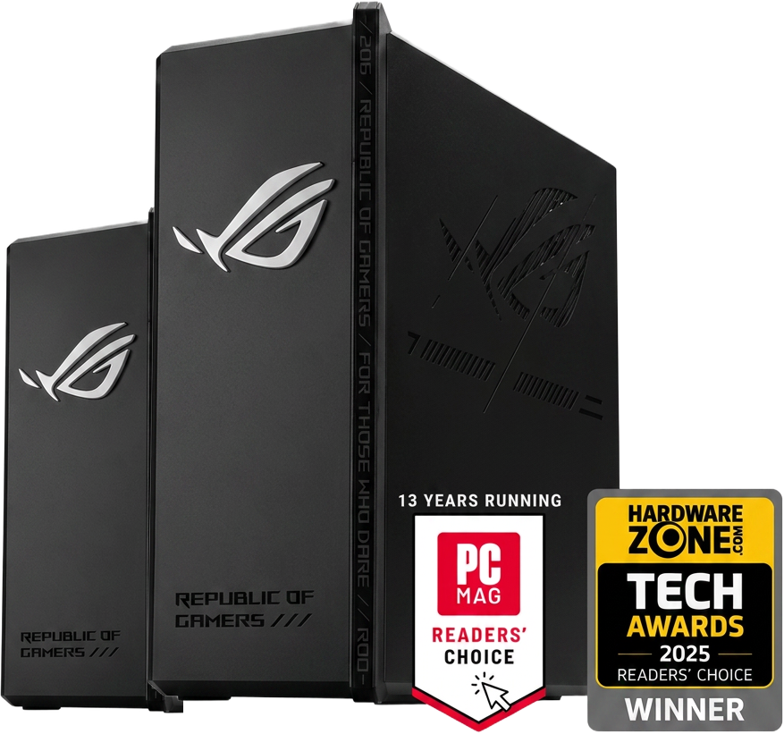 Two ASUS ROG BE7200X routers with PC Mag Readers' Choice and HardwareZone Tech Awards 2025 badges