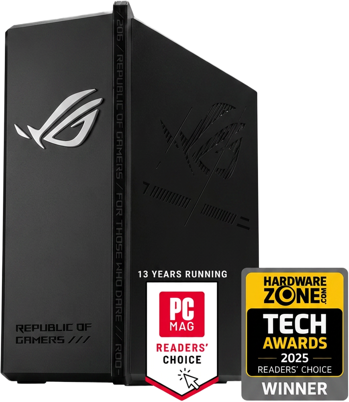 ASUS ROG BE7200X router with PC Mag Readers' Choice and HardwareZone Tech Awards 2025 badges